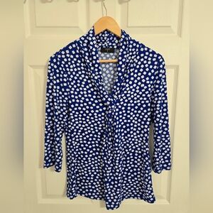 Tahari Blue And White Blouse Poly Spandex V Neck Size Medium